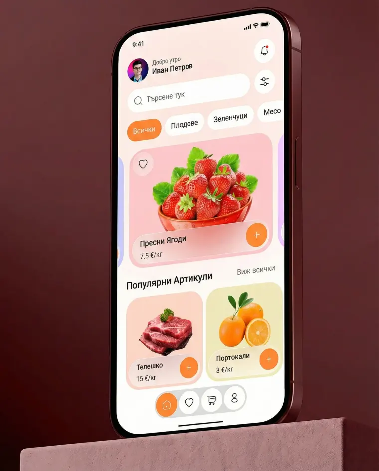 Мобилен интерфейс на онлайн магазин с продуктови карти и checkout UX